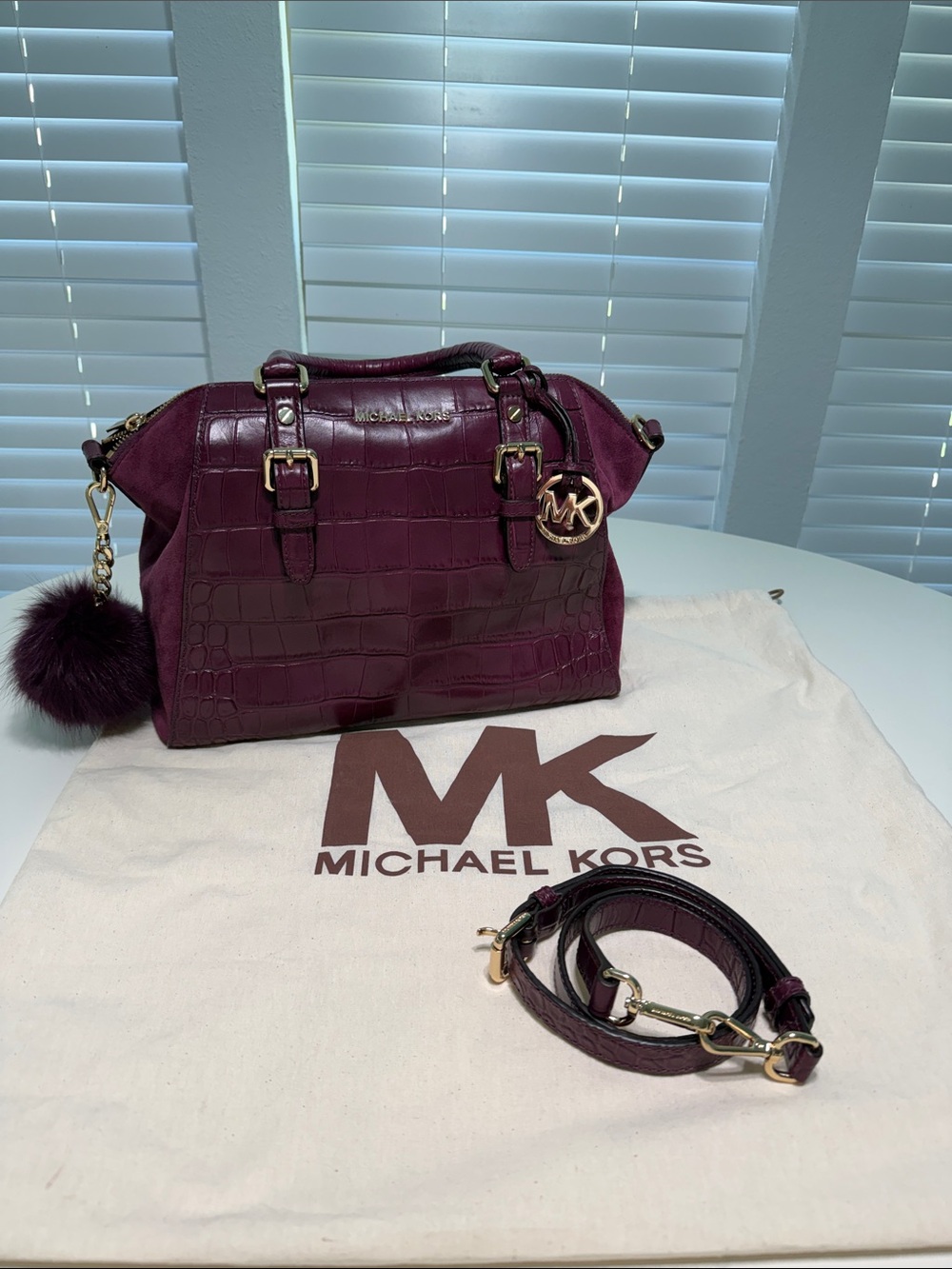 Michael Kors Deep Plum Croc-Embossed Satchel with Strap and Pom Charm